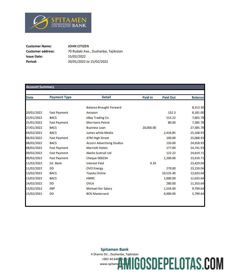 Exemplo de extrato bancário Spitamen do Tajiquistão Xls